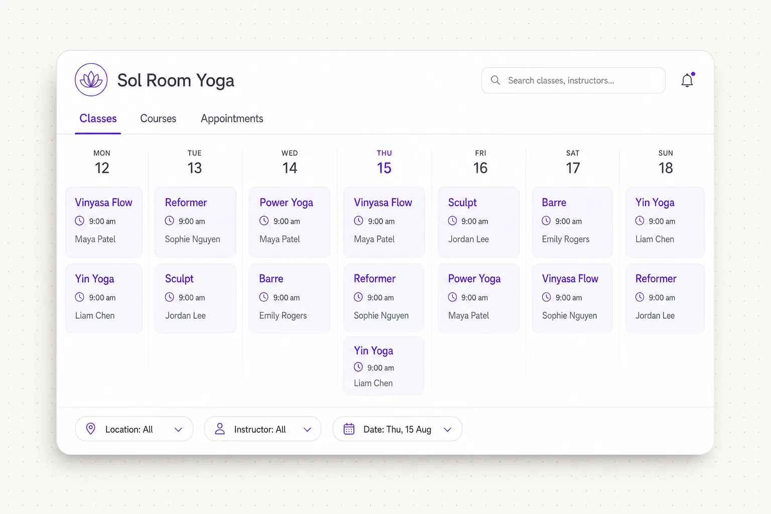 Vibefam class scheduling calendar