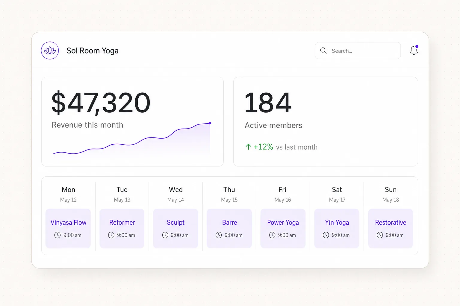 A boutique studio admin dashboard shown on a laptop
