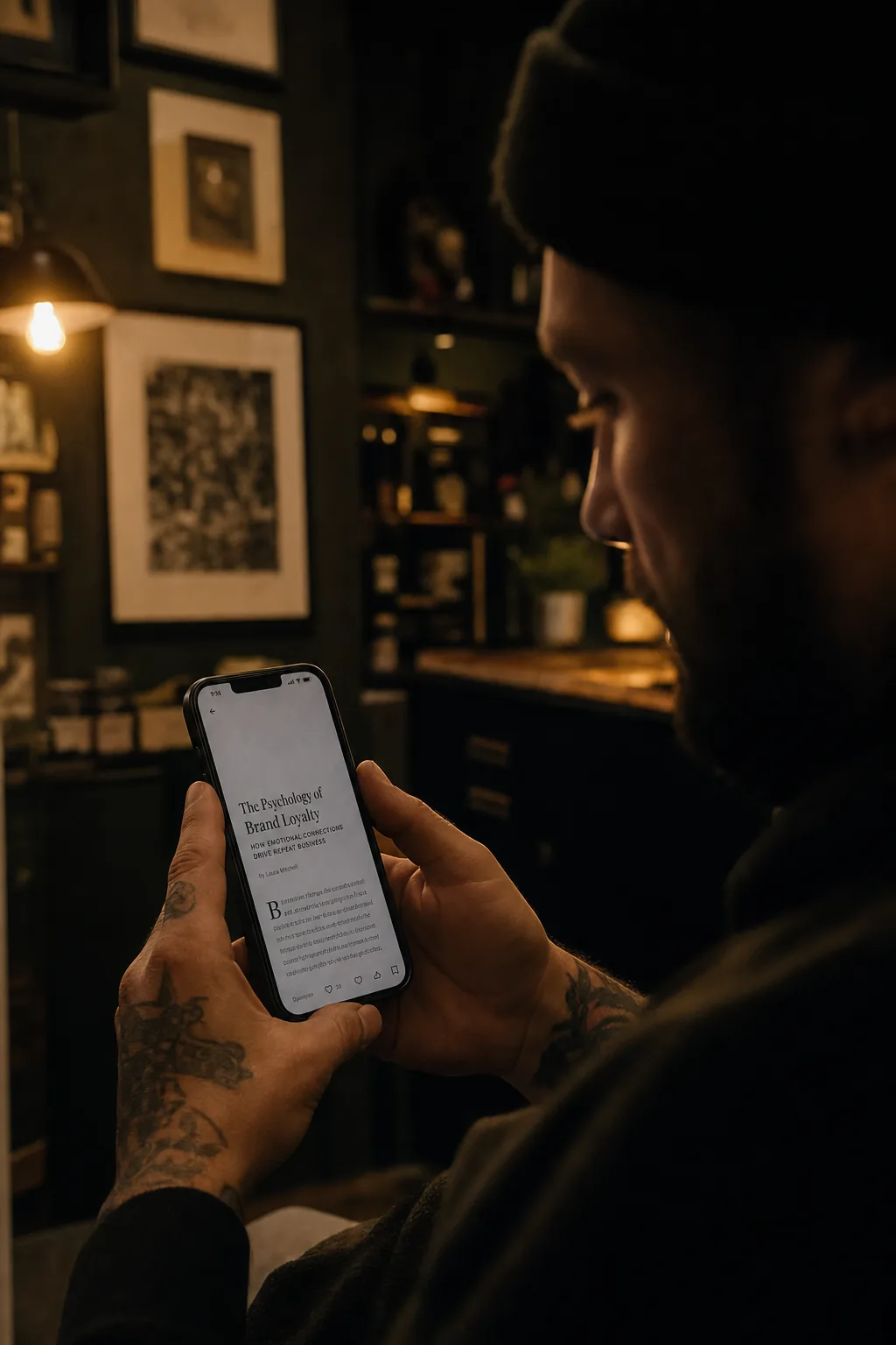 Studio owner reading on a phone in warm ambient light