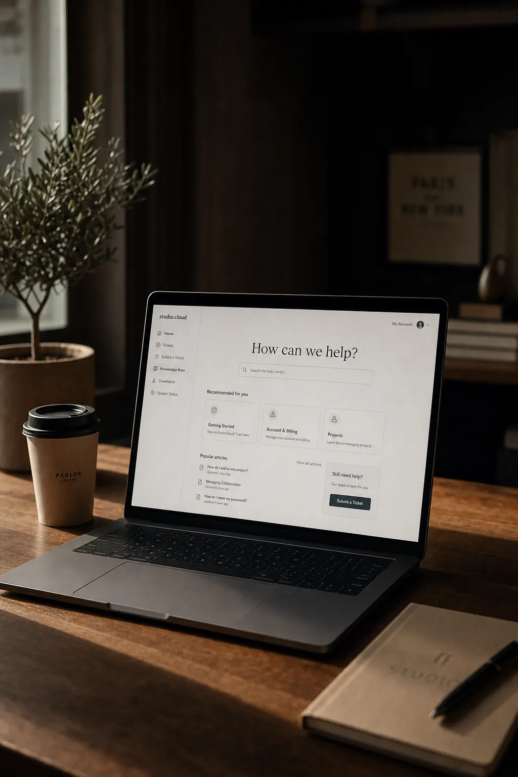 Laptop showing a clean SaaS help dashboard on a wooden desk