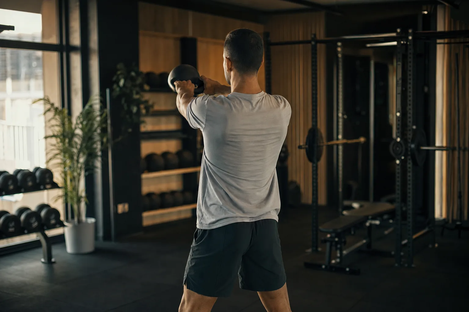 Modern boutique strength gym mid-training