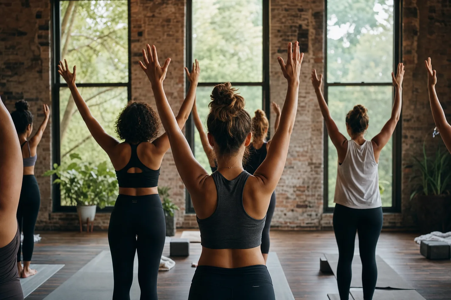 Boutique yoga class in a warm brick-walled studio