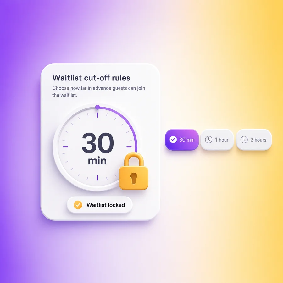 A clock and padlock UI showing waitlist locked at 30 minutes before class start, with cut-off toggle options