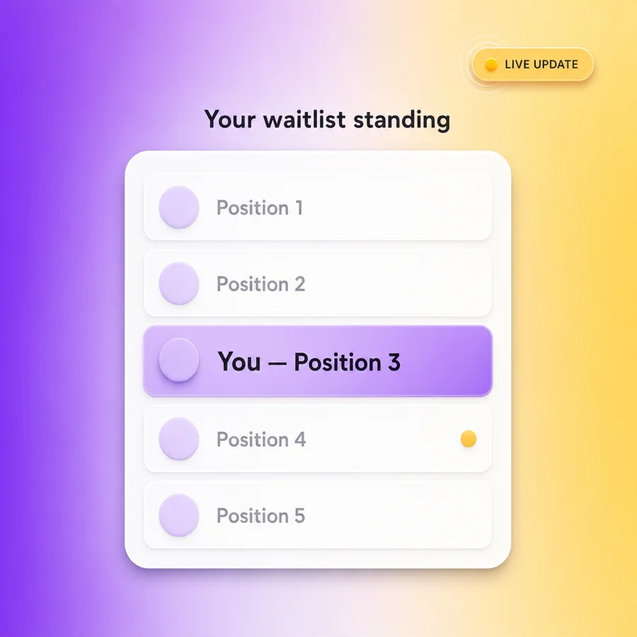 Vibefam waitlist standing UI showing positions 1 through 5 with the viewer highlighted at position 3