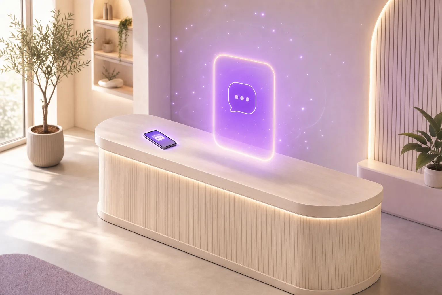 A calm, minimalist boutique studio front desk with a softly glowing purple Vibe AI presence floating where a receptionist would be, and a phone with a Vibe AI notification on the counter.