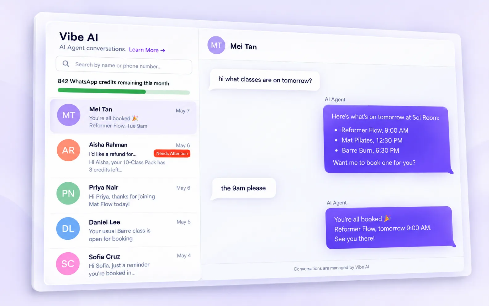 The Vibe AI inbox in the Vibefam dashboard: a list of member conversations with one flagged Needs Attention, WhatsApp credits remaining, and an open chat where Vibe AI books a member into a class.
