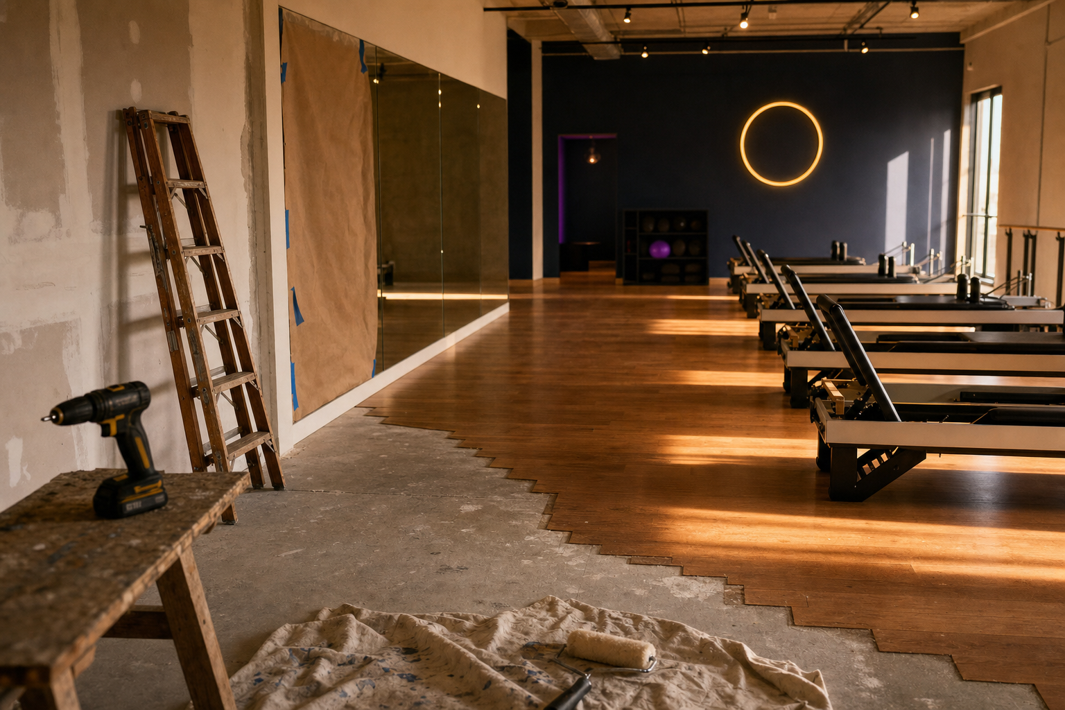 A boutique Pilates studio mid-fitout flowing into the finished space behind: bare concrete and a wooden ladder in the foreground, a polished hardwood floor with a row of new reformers and a warm gold ring light beyond.