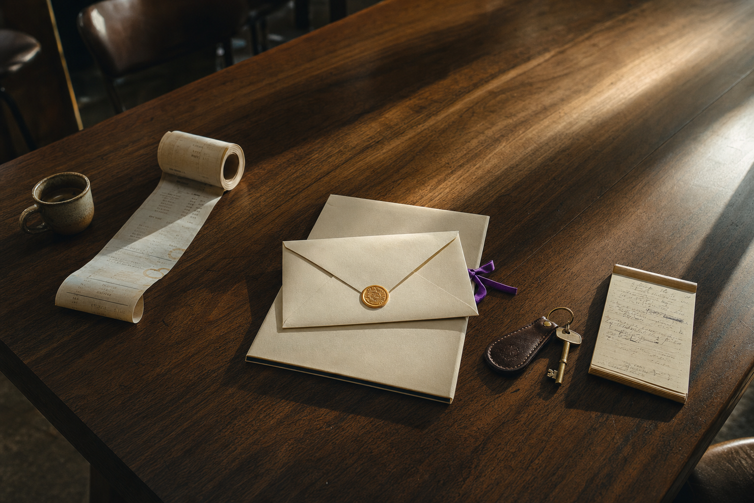 A walnut table with three still-life vignettes: a coffee-stained roll of transaction-history paper, a sealed cream envelope with a gold wax seal resting on an agreement folder, and a brass key on a leather fob beside a small notepad.