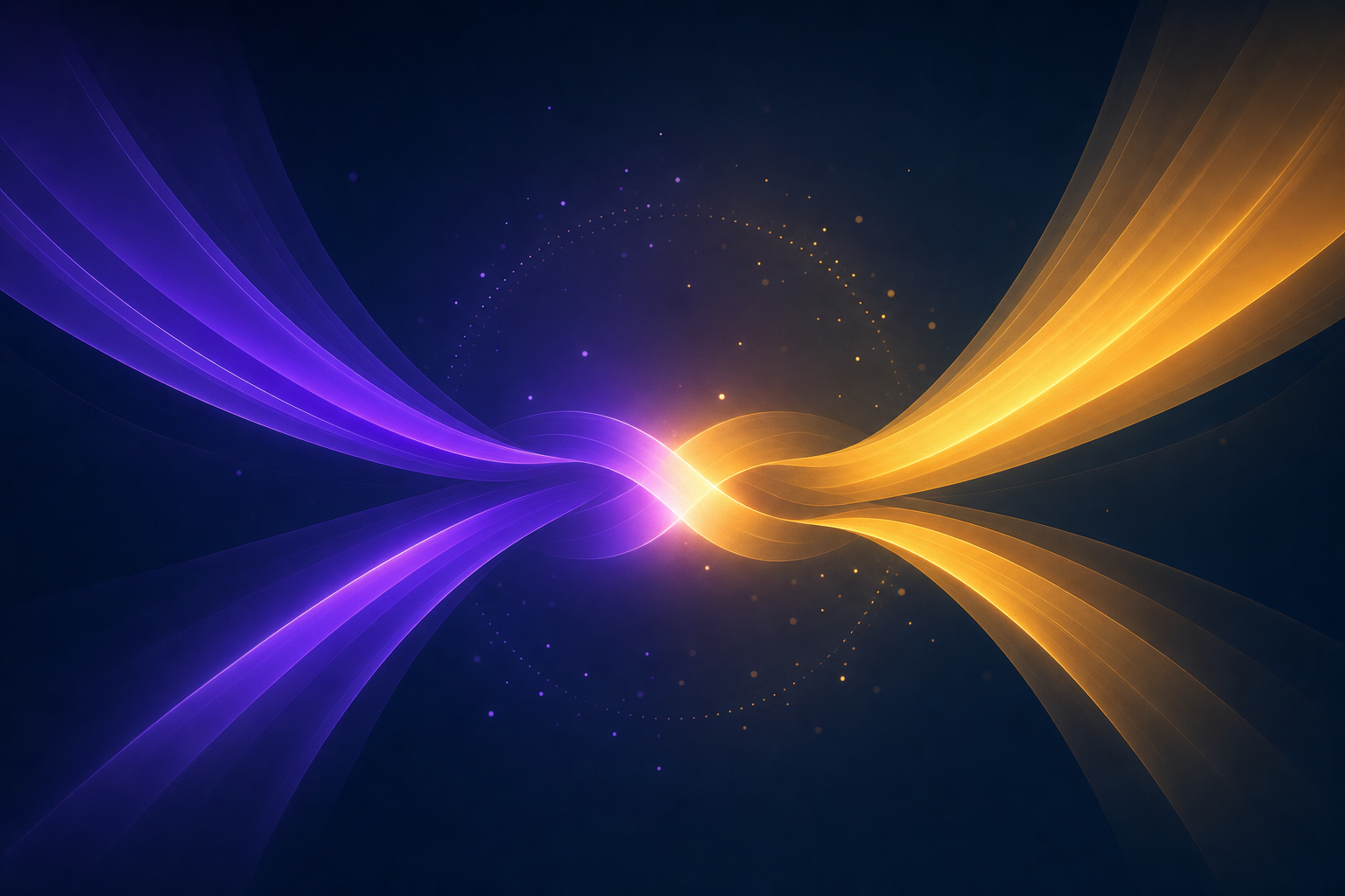 An abstract partnership illustration showing two interlocking gradient ribbons in purple and gold, symbolising the Vibefam and GXS Bank financing partnership.