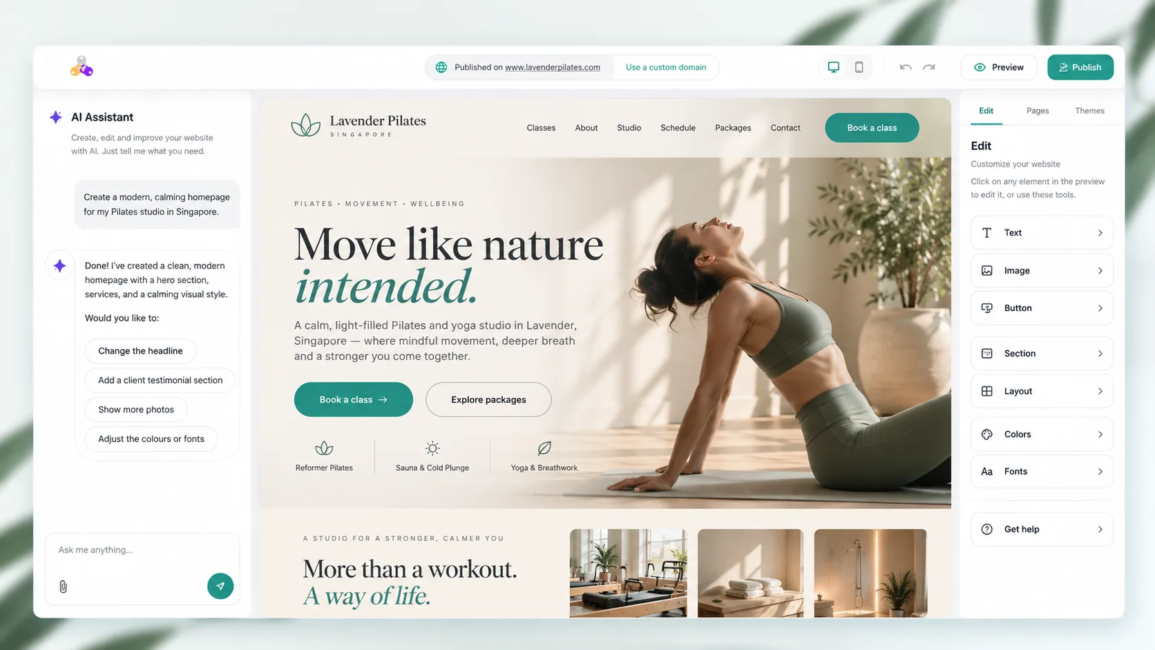 Vibefam AI Website Builder generating a custom fitness studio website with built-in class booking
