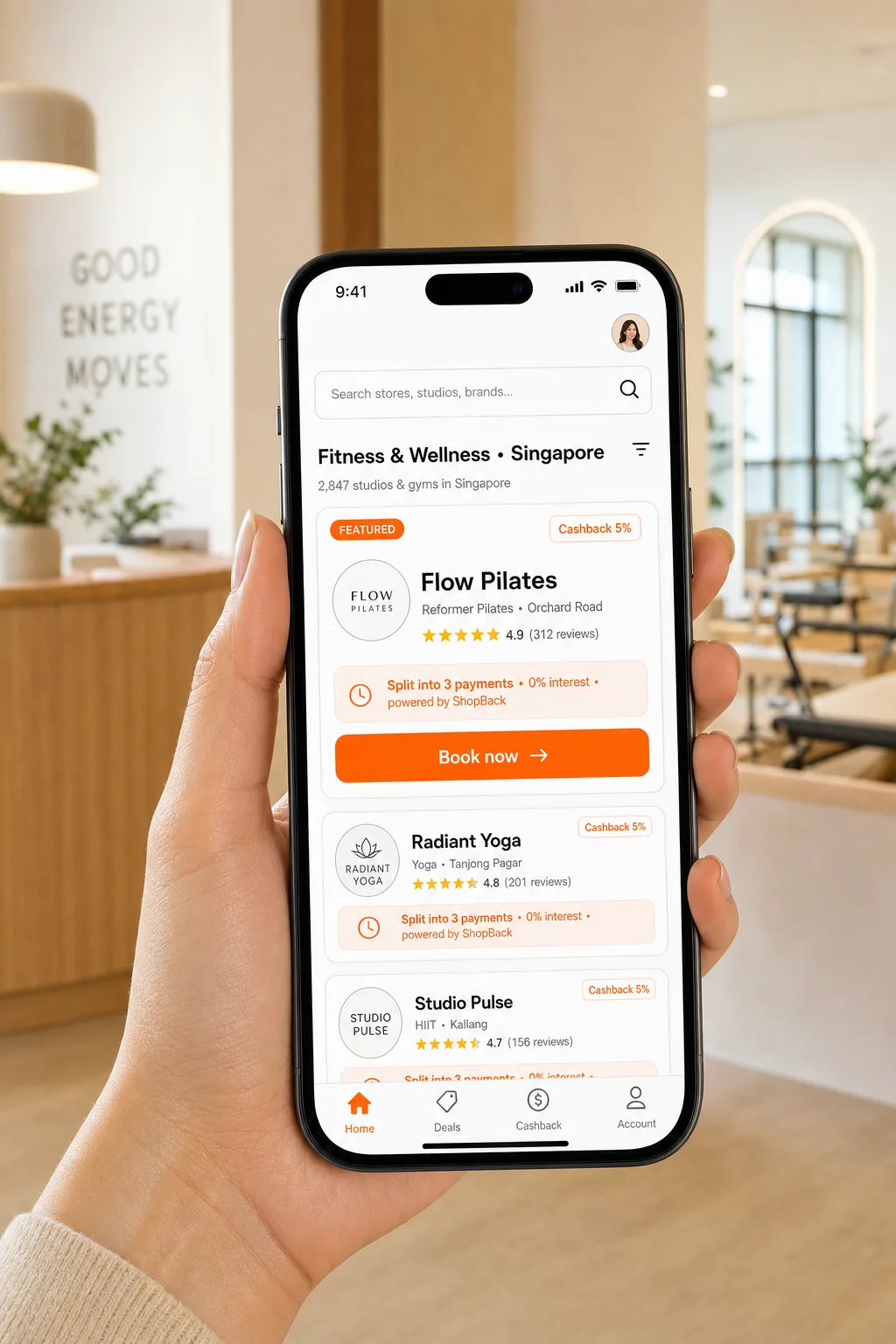 Flow Pilates featured in the ShopBack marketplace app with a 'Split into 3 payments · 0% interest' BNPL tag