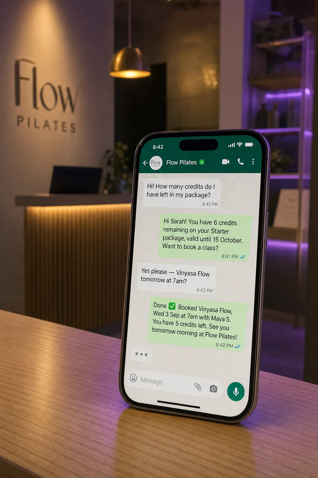 WhatsApp booking reminder and AI booking flow for a Singapore boutique studio